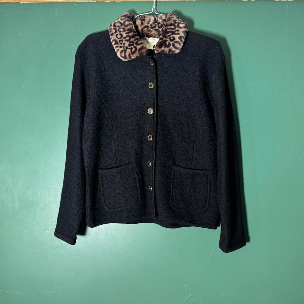 Vintage Tally-Ho Black Wool Cardigan Leopard Faux Fur Collar Sweater M